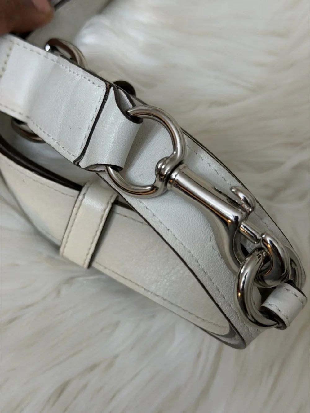 Vintage Coach White Leather Shoulder Bag with Silver Buckle Accents# 1452